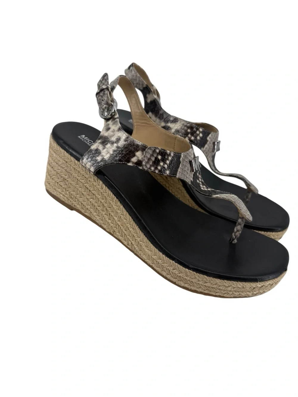 Michael Micheal Kors Espadrille Braided Jute Snakeskin T- Strap Sandals Size 9M